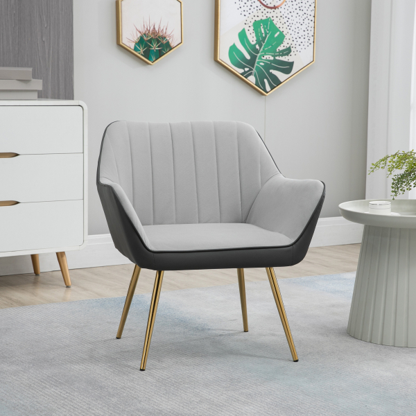 HOMCOM Poltrona de Sala de Estar Estofada em Couro Sintético e Veludo com Apoios para os Braços Pés Dourados 64x62x72,5 cm Cinza - Image 2