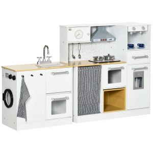 HOMCOM Cozinha Infantil de Madeira Cozinha para Crianças acima de 3 Anos com Luz Sons Máquina de Café Frigorífico Lavatório Branca