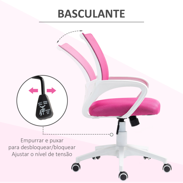 HOMCOM Cadeira de Escritório de Malha Giratória com Altura Ajustável Função Basculante e Apoio para os Braços 57x55x89-109 cm Rosa - Image 5