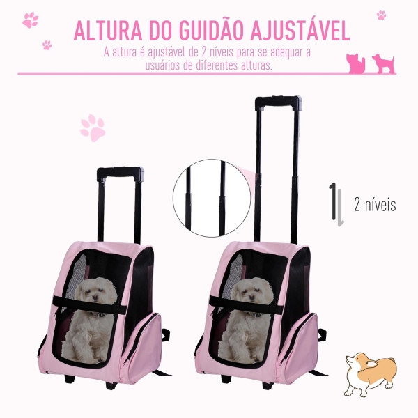 PawHut Transportadora 2 em 1 para Animais de Estimação Mochila ou Carrinho de Viagem para Cães e Gatos com 2 Rodas Alça Retrátil de Alumínio e Bolso de Armazenamento 42x25x55cm Rosa - Image 6