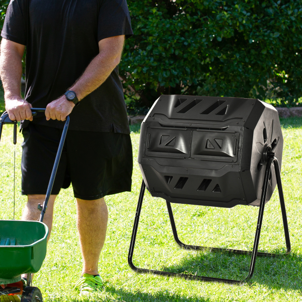 Outsunny Compostor de Tambor Giratório com Capacidade de 160L de Dupla Câmera e Ventilação Estrutura de Aço para Resíduos Orgânicos de Jardim 71x64x92cm Preto - Image 9