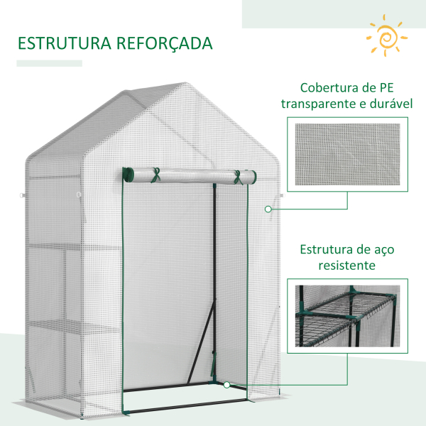 Outsunny Estufa de Jardim 143x73x195cm Estufa de Aço com 2 Prateleiras e Porta Enrolável para Cultivos de Plantas Vasos de Flores Pátio Exterior Branco - Image 7