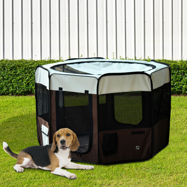 PawHut Parque para Animais de Estimação Dobrável com 2 Portas e Almofada Tecido Oxford Ø117x71 cm Marrom - Image 2