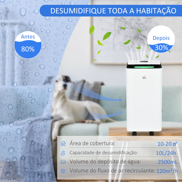 HOMCOM Desumidificador Elétrico 10L/dia Depósito 2,5L Silencioso com 5 Modos 2 Velocidades Ecrã LED e Temporizador 25x25x50,5 cm Branco - Image 4