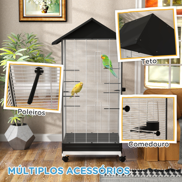PawHut Gaiola para Pássaros Metálica com com Rodas Bandeja Amovível 4 Portas 2 Comedouros e 8 Poleiros 79x65x155 cm Preto - Image 8
