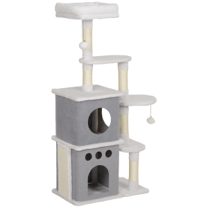 PawHut Arranhador para Gatos 126 cm com Caverna Plataformas Bolas Suspensas e Poste de Sisal 56x34x126 cm Cinza e Creme