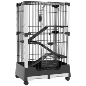 PawHut Gaiola para Animais Pequenos com Rodas 3 Plataformas 3 Rampas Bandejas Amovíveis 114x75x50 cm Preto