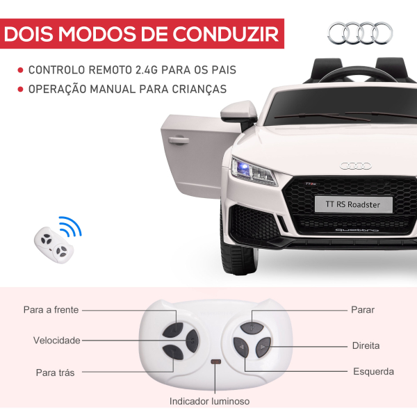 HOMCOM Carro Elétrico Audi TT para Crianças acima de 3 Anos com Controlo Remoto Música e Luzes Bateria 12V 102x60x44 cm Branco - Image 5