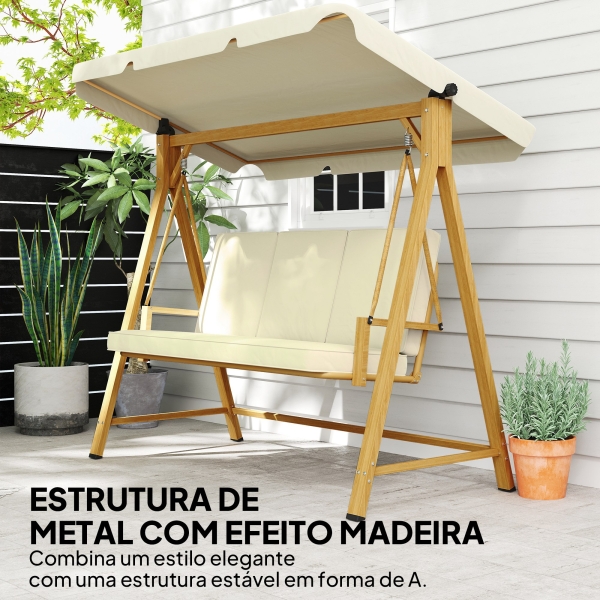Outsunny Baloiço de Jardim de 3 Lugares com Toldo Ajustável Almofadas e Estrutura com Veios de Madeira 195x120x170 cm Madeira e Creme - Image 4