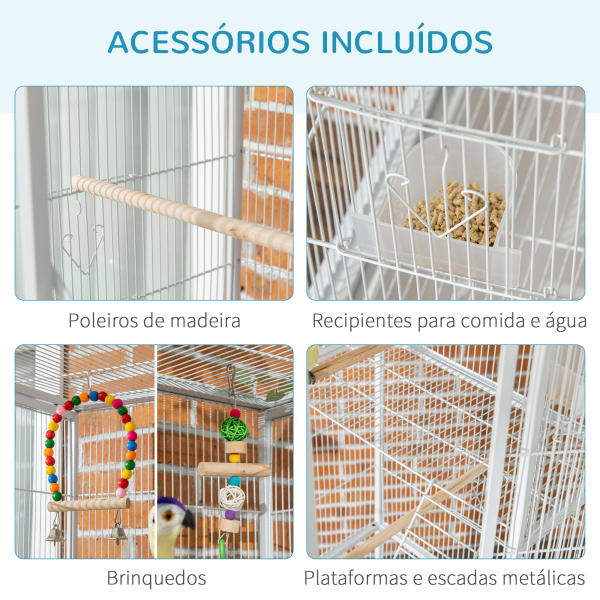 PawHut Gaiola para Pássaros com Rodas de 3 Níveis com 3 Poleiros Comedouros Brinquedos Rampas e Prateleira 83x53x180 cm Branco - Image 5