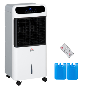 HOMCOM Climatizador Humidificador Refrigerador de Ar com Rodas Depósito de 12L Controlo Remoto 3 Modos de Velocidade Temporizador 12h e Ecrã LED Tátil 38x35x81cm Branco