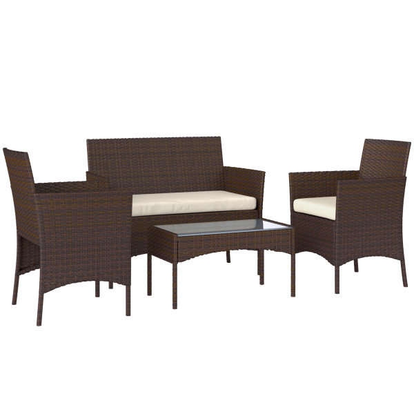 Outsunny Conjunto de Jardim em Vime com Almofadas Móveis de Exterior com 2 Poltronas Sofá de 2 Lugares Mesa com Vidro Marrom e Bege