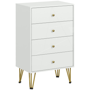 HOMCOM Cómoda de Quarto Moderna Cómoda de Madeira com 4 Gavetas e Pés Metálicos para Sala Escritório 60x40x100 cm Branco