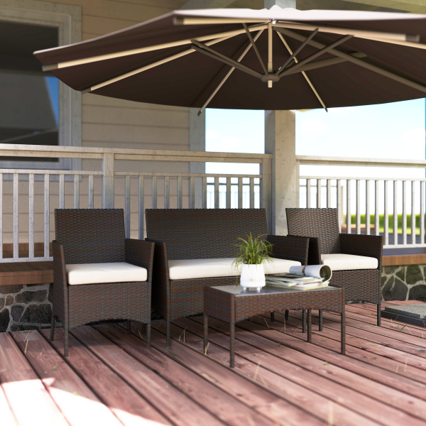 Outsunny Conjunto de Jardim em Vime com Almofadas Móveis de Exterior com 2 Poltronas Sofá de 2 Lugares Mesa com Vidro Marrom e Bege - Image 8
