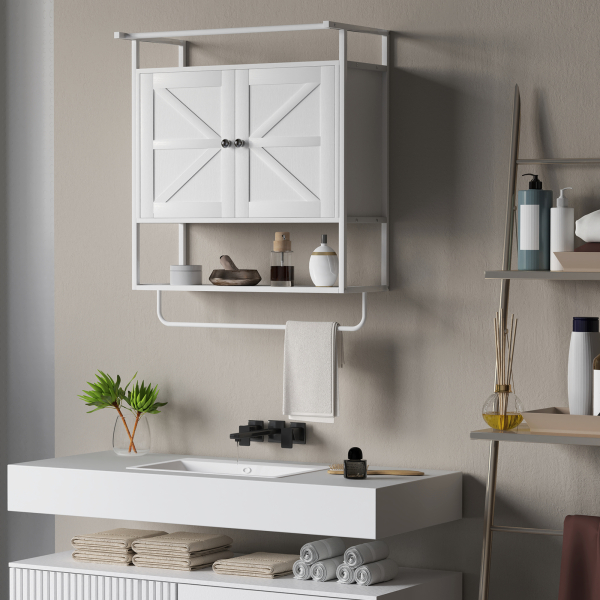 HOMCOM Armário de Parede para Casa de Banho Multiusos com 2 Portas Prateleira e Barra para Toalhas 63x34x75 cm Branco - Image 7