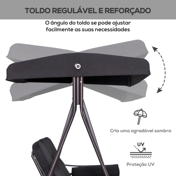 Outsunny Banco Baloiço de Jardim de 3 Lugares com Teto 2 Almofadas Suporte para Bebidas 206x116x183 cmPreto - Image 4