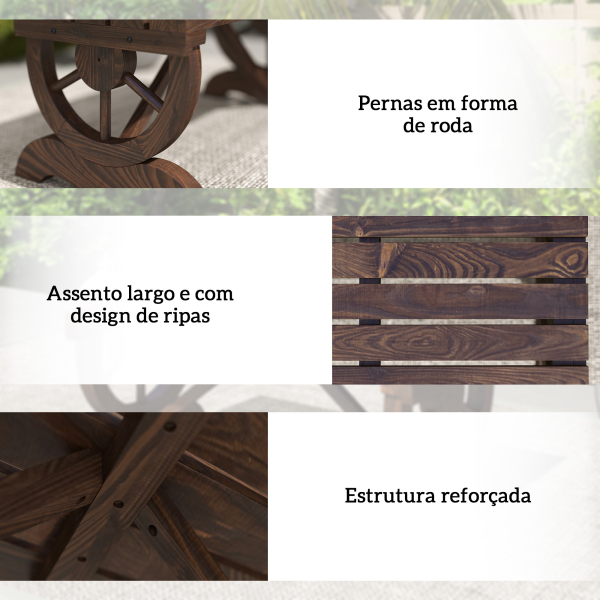 Outsunny Banco de Jardim de 2 Lugares Banco de Madeira com Rodas Decorativas Rústico Capacidade 250 kg 98x50x39,5 cm Castanho Rústico - Image 4