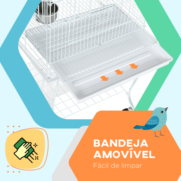 PawHut Gaiola para Pássaros com Rodas Bandeja Amovível Prateleira 2 Comedouros de Aço Inoxidável e Poleiro 51x51x153 cm Branco - Image 5