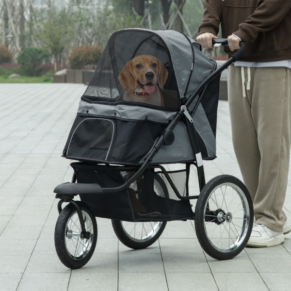 PawHut Carrinho para Cães Dobrável para Cães Médios e Pequenos com Cesta de Armazenamento Capota Ajustável 111x58x107 cm Cinza - Image 2