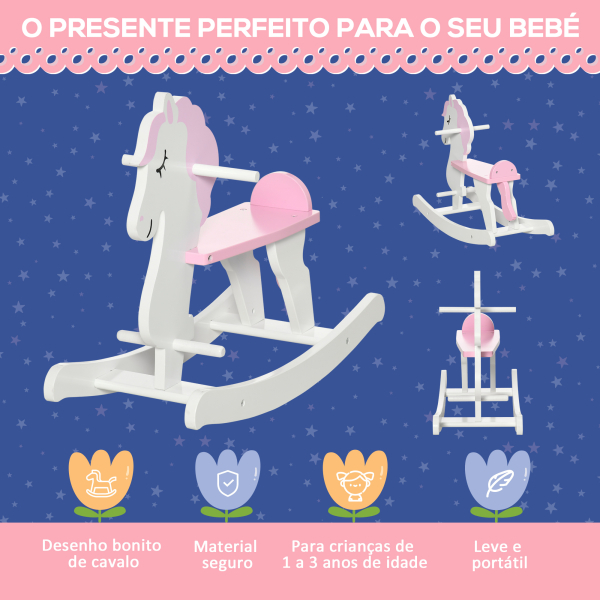 HOMCOM Cavalo Baloiço para Crianças de 1-3 Anos Cavalo Baloiço de Madeira com Guiador e Apoio para os Pés 68x27x46,5cm Branco e Rosa - Image 6