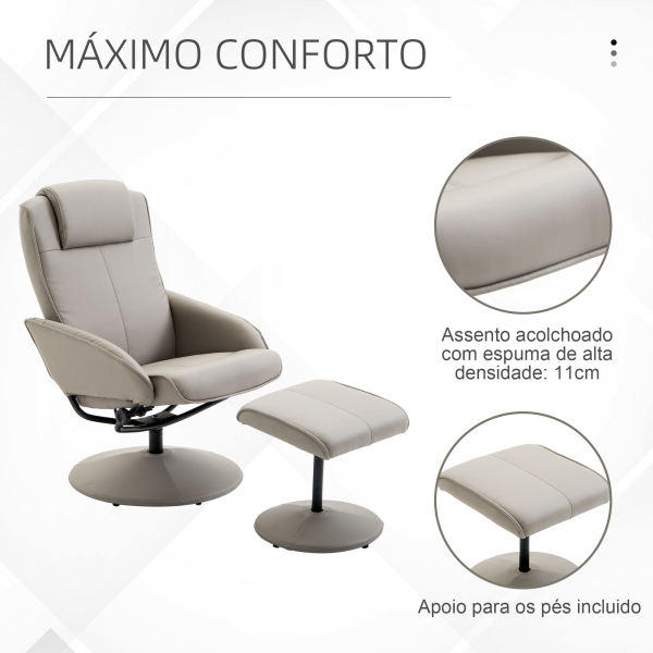 HOMCOM Poltrona Relax Reclinável até 145° com Banco de Apoio para os Pés Poltrona Giratória 360° Estofada em PU e Estrutura de Aço 78x67x98cm Cinza - Image 5