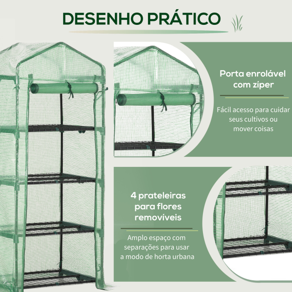 Outsunny Estufa de Jardim com 4 Prateleiras e Cobertura de PE Estufa de Aço para Cultivo de Plantas Flores 70x50x160cm Verde - Image 6