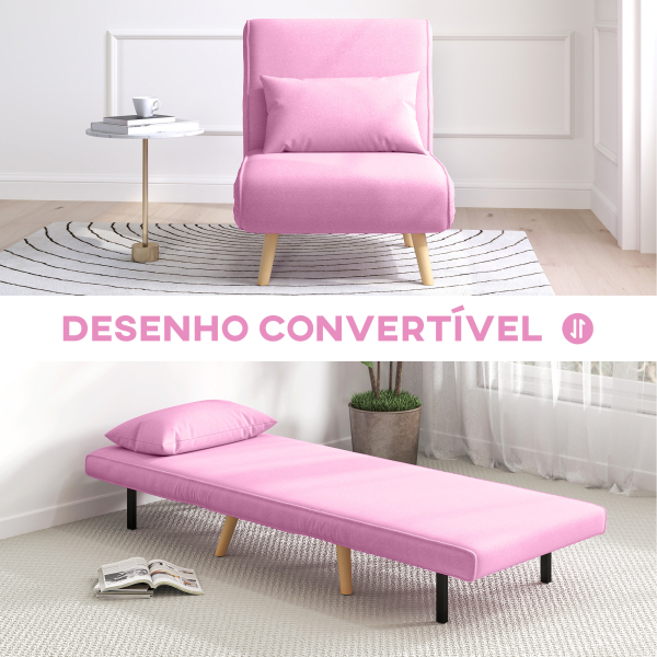 HOMCOM Sofá Cama Individual  Estofado em Linho com Encosto Ajustável em 5 Posições e Almofada Sofá Cama Pequeno 72x75x85 cm Rosa - Image 4