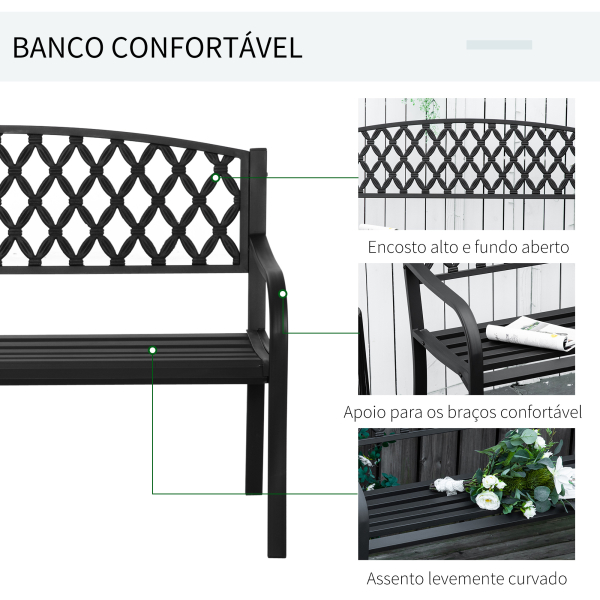 Outsunny Banco de Jardim de 2 Lugares com Encosto Decorativo e Apoio para os Braços para Terraço Varanda Pátio Exterior Carga 280kg Ferro Fundido e Aço 128x58,5x89cm Preto - Image 5