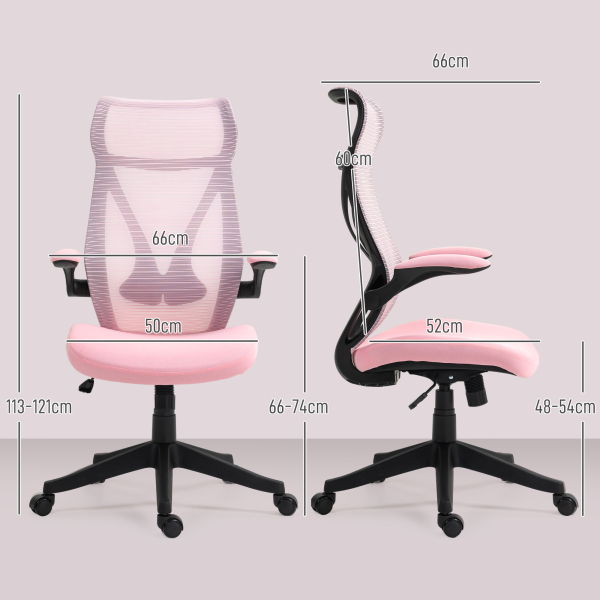 HOMCOM Cadeira de Escritório Giratória com Altura Ajustável Apoio para os Braços Dobráveis e Função Basculante 66x66x113-121 cm Rosa - Image 3