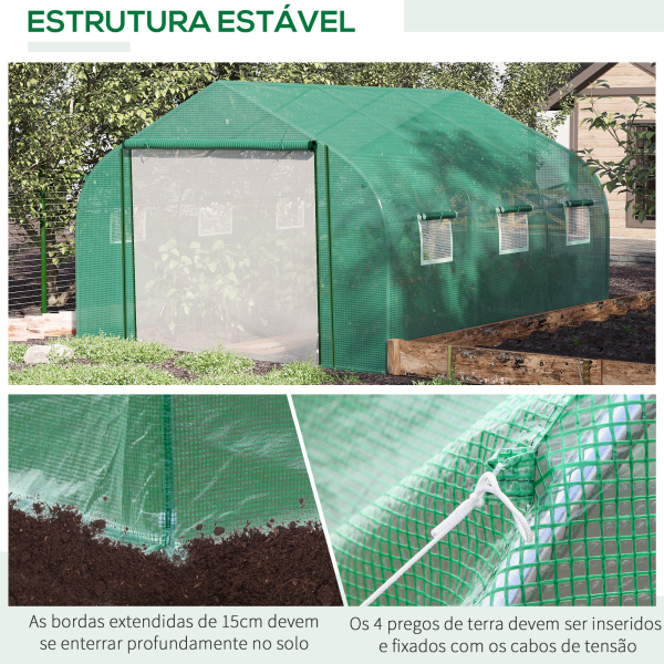 Outsunny Estufa de Túnel 3,5x3x2m Estufa de Jardim com Porta e 6 Janelas Enroláveis de Polietileno Metal Galvanizado para Cultivos de Plantas Flores Verde - Image 5