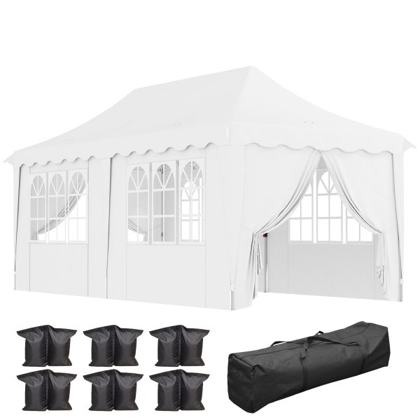 Outsunny Tenda Dobrável Pop Up 596x300x315 cm com 6 Paredes Laterais Anti-UV Altura Ajustável para Campismo Festas Branco