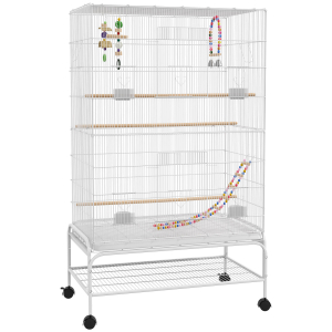 PawHut Gaiola para Pássaros com Rodas com 4 Comedouros 3 Poleiros Brinquedos Bandeja Amovível e Prateleira 79x49x133 cm Branco