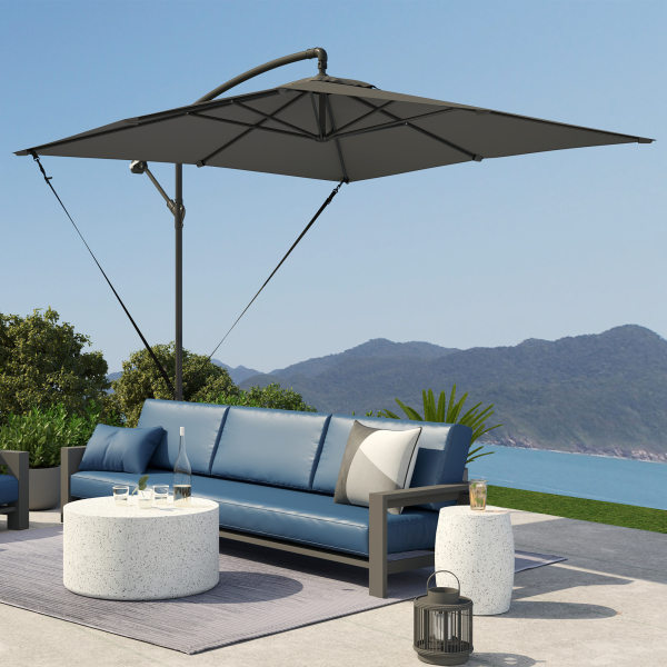 Outsunny Chapéu de Sol Excêntrico 247x247 cm com Base Cruzada Capa Ajustável Manivela Capa Protectora e Corda de Vento Cinza Escuro - Image 8