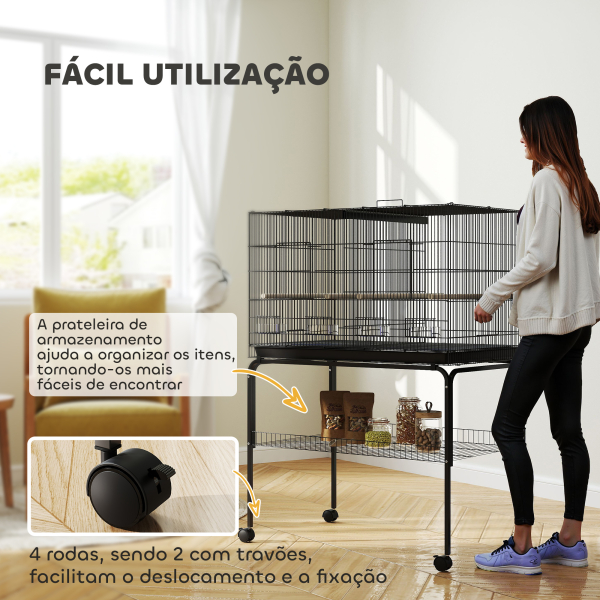 PawHut Gaiola para Pássaros com Divisória Rodas Gaiola para Aves com Comedouros Poleiros e Bandeja Removível 94x57x128 cm Preto - Image 8