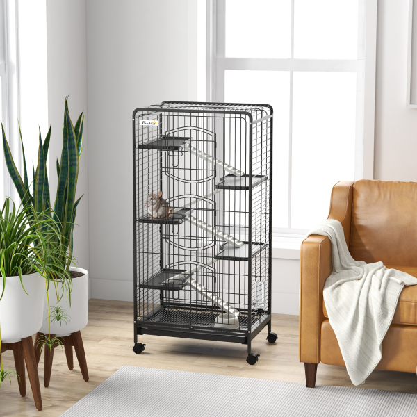 PawHut Gaiola para Pequenos Animais com 6 Níveis Gaiola para Roedores com Rodas Rampa e Bandeja Amovível  64x43,5x131 cm Preto - Image 2