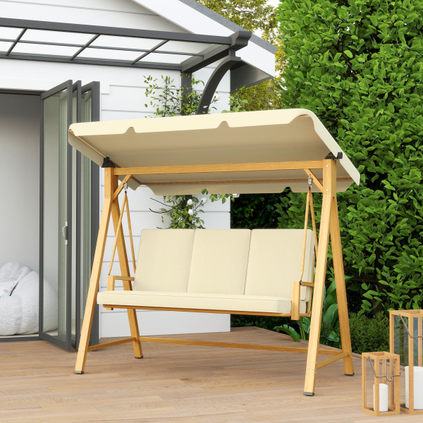 Outsunny Baloiço de Jardim de 3 Lugares com Toldo Ajustável Almofadas e Estrutura com Veios de Madeira 195x120x170 cm Madeira e Creme - Image 8