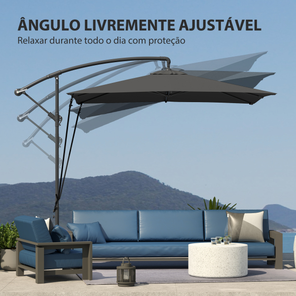 Outsunny Chapéu de Sol Excêntrico 247x247 cm com Base Cruzada Capa Ajustável Manivela Capa Protectora e Corda de Vento Cinza Escuro - Image 6
