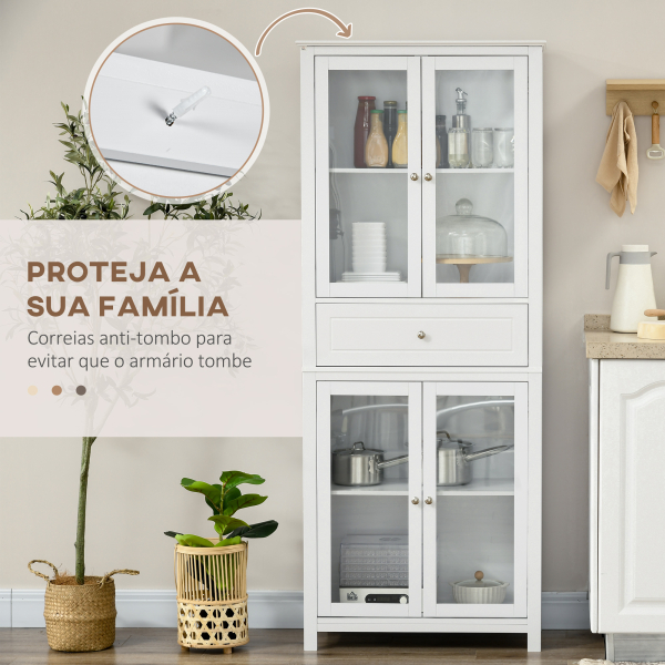 HOMCOM Armário de Cozinha com 4 Portas de Vidro Temperado Gaveta e Prateleiras Ajustáveis 74x35,5x181,5 cm Branco - Image 7