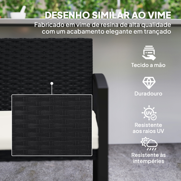Outsunny Banco de Jardim em Vime Sintético de 2 Lugares Banco de Exterior com Almofada 103x58x78 cm Preto e Bege - Image 5
