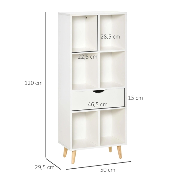 HOMCOM Estante para Livros com 6 Compartimentos Abertos 1 Gaveta e Pés de Madeira para Armazenamento de Brinquedos CDs Plantas 50x29,5x120cm Branco - Image 3