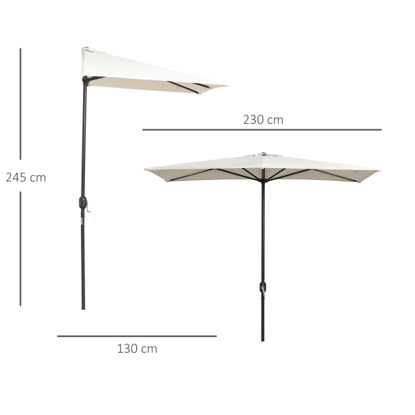 Outsunny Meia chapéu de sol 230x130x245 cm chapéu de sol para Parede Jardim com Manivela e Vara Metálica Ø38 mm Terraço Varanda Creme - Image 3