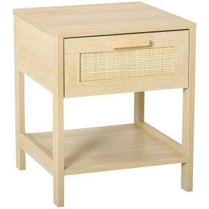 HOMCOM Mesa de cabeceira em malha Mesa lateral com gaveta e prateleira inferior em DM e vime para quarto Sala 40x40x48 cm Cor madeira