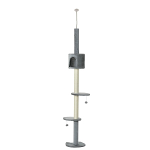 PawHut Árvore Arranhador para Gatos para Fixar ao Teto Altura Ajustável 229-235cm 260-266cm com Plataformas Caverna Postes de Sisal Bolas Penduradas  40x40x217 cm Cinza Claro