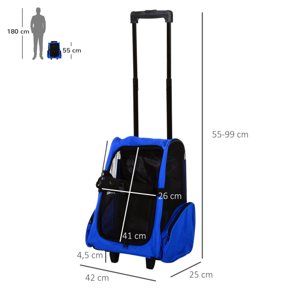 PawHut Transportadora 2 em 1 para Animais de Estimação Mochila ou Carrinho de Viagem para Cães e Gatos com 2 Rodas Alça Retrátil de Alumínio e Bolso de Armazenamento 42x25x55cm Azul - Image 3
