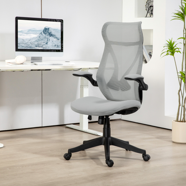 HOMCOM Cadeira de Escritório Giratória com Altura Ajustável Apoio para os Braços Dobráveis e Função Basculante 66x66x113-121 cm Cinza - Image 2
