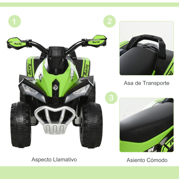 HOMCOM Quadriciclo Infantil para Crianças acima de 18 Meses com Função de Luzes e Música Desenho Inovador Suporta até 20kg 67,5x38x44cm Verde - Image 6