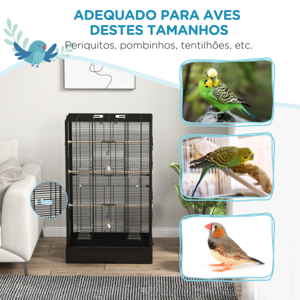 PawHut Gaiola para Pássaros 61x36,5x98 cm com Portas Poleiros Bandeja Removível e Alças para Canários Periquitos Preto - Image 6