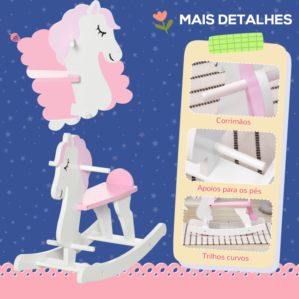 HOMCOM Cavalo Baloiço para Crianças de 1-3 Anos Cavalo Baloiço de Madeira com Guiador e Apoio para os Pés 68x27x46,5cm Branco e Rosa - Image 5