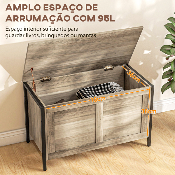 HOMCOM Baú de Armazenamento 95L Baú de Arrumação com Tampa Banco de Armazenamento com Dobradiça de Segurança 80x40x49 cm Cinza Claro - Image 4