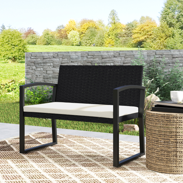 Outsunny Banco de Jardim em Vime Sintético de 2 Lugares Banco de Exterior com Almofada 103x58x78 cm Preto e Bege - Image 8